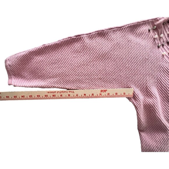 Pink Size L V-Neck Sweater With Pearl & Rhinestone Accents Ribbed A Love Story - Picture 12 of 13